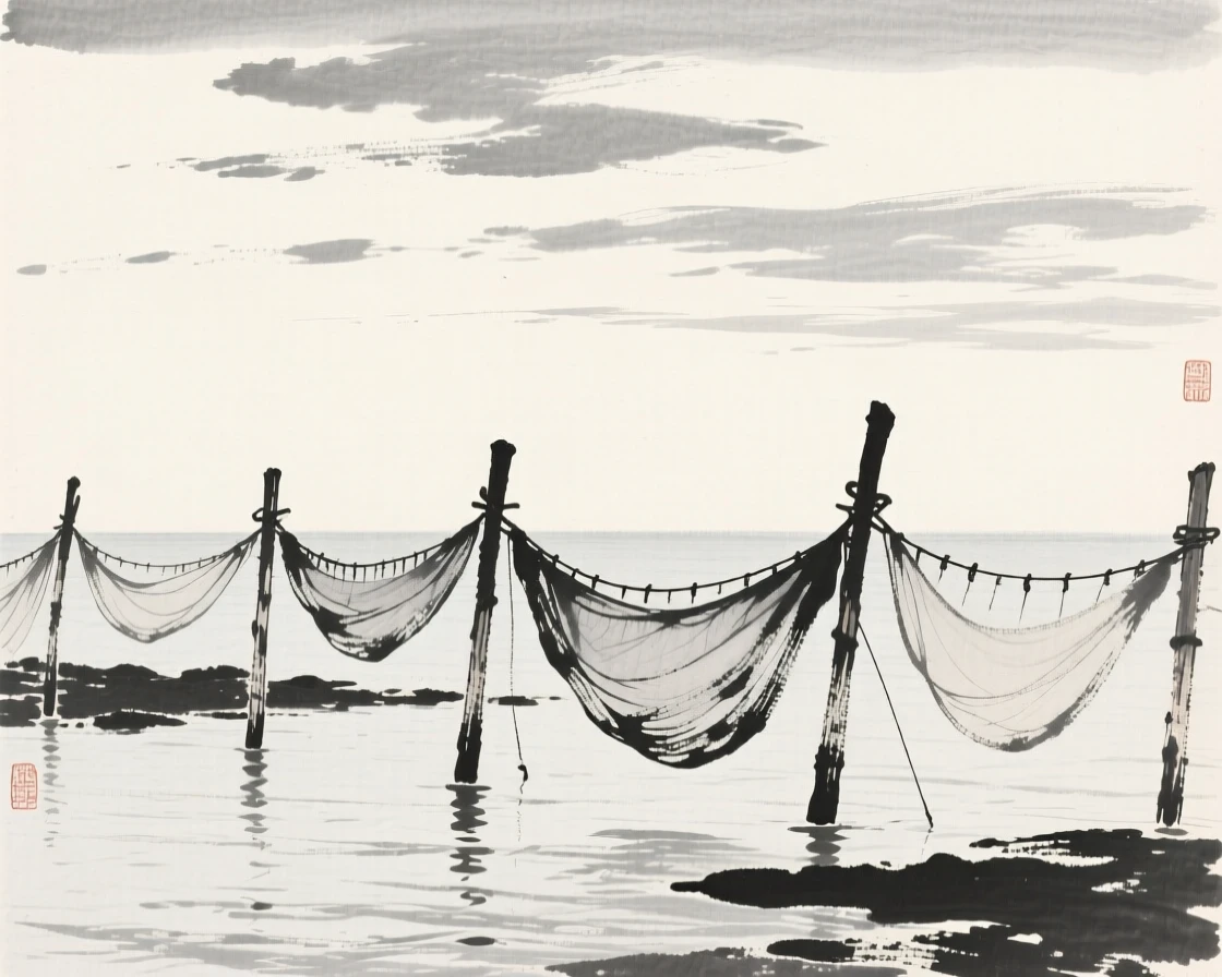 A calm bay where fishing nets dry along wooden posts under a wide open sky scattered with drifting clouds, composed with wide open space above to emphasize the scale of the sky, capturing a fleeting, serene moment suspended in time.