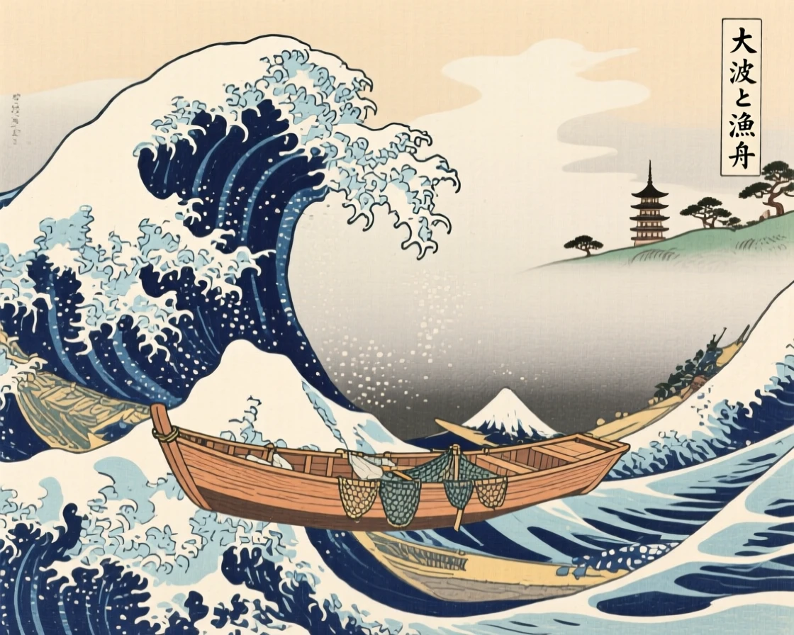 A small wooden fishing boat beneath towering ocean waves, as fog rolls in from the sea.