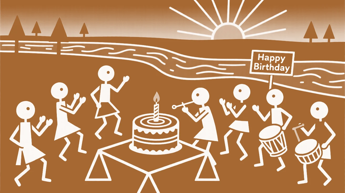 A group of lifelong friends celebrating a birthday with a simple gathering beside a river at dusk.