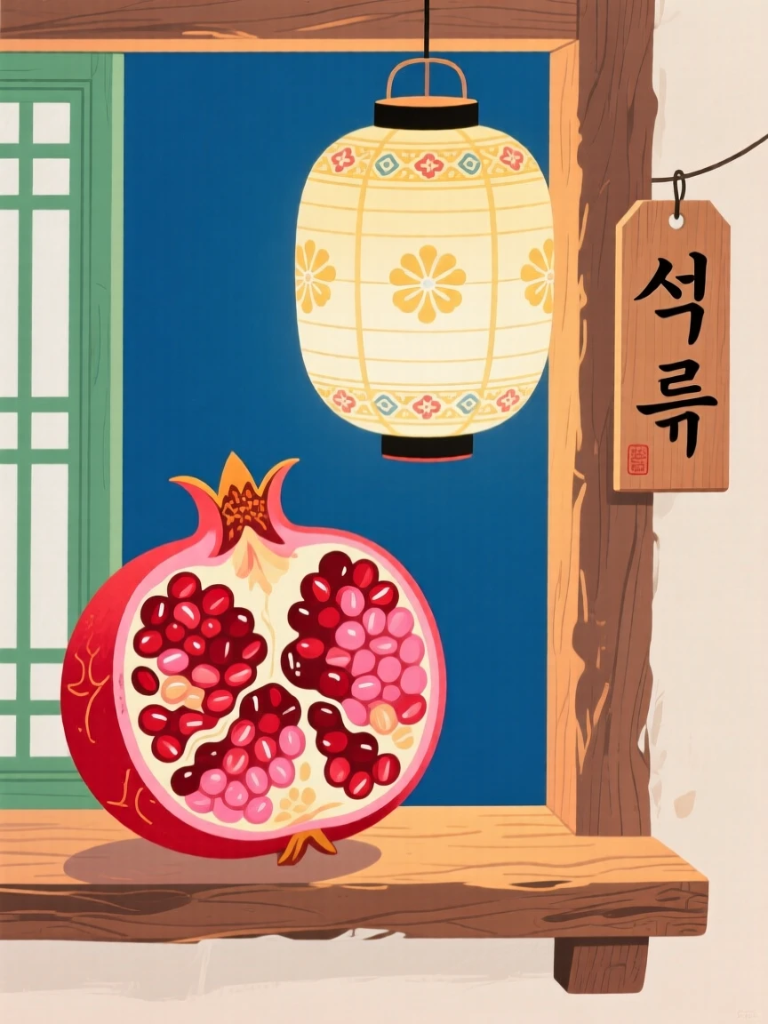 A pomegranate split open to reveal its seeds beneath a paper lantern on a windowsill.
