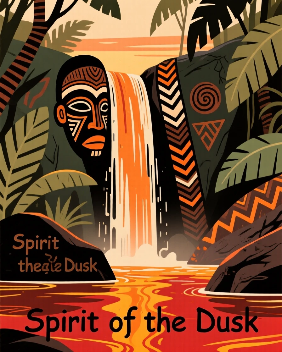A hidden jungle waterfall reflecting the fiery colors of dusk.