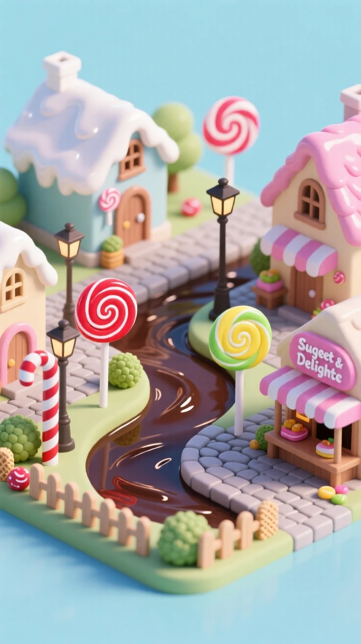 A candy kingdom village where rooftops are frosting, streetlamps are lollipops, and a chocolate river winds gently through the town square.