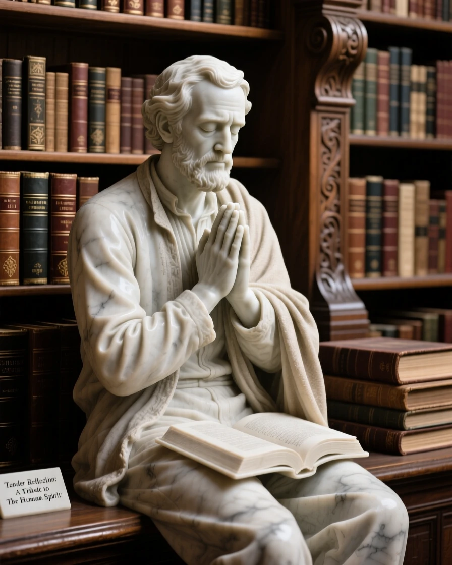 A tender portrait of a street musician, with hands clasped in prayer, in an old library filled with books, evoking warmth and humanity