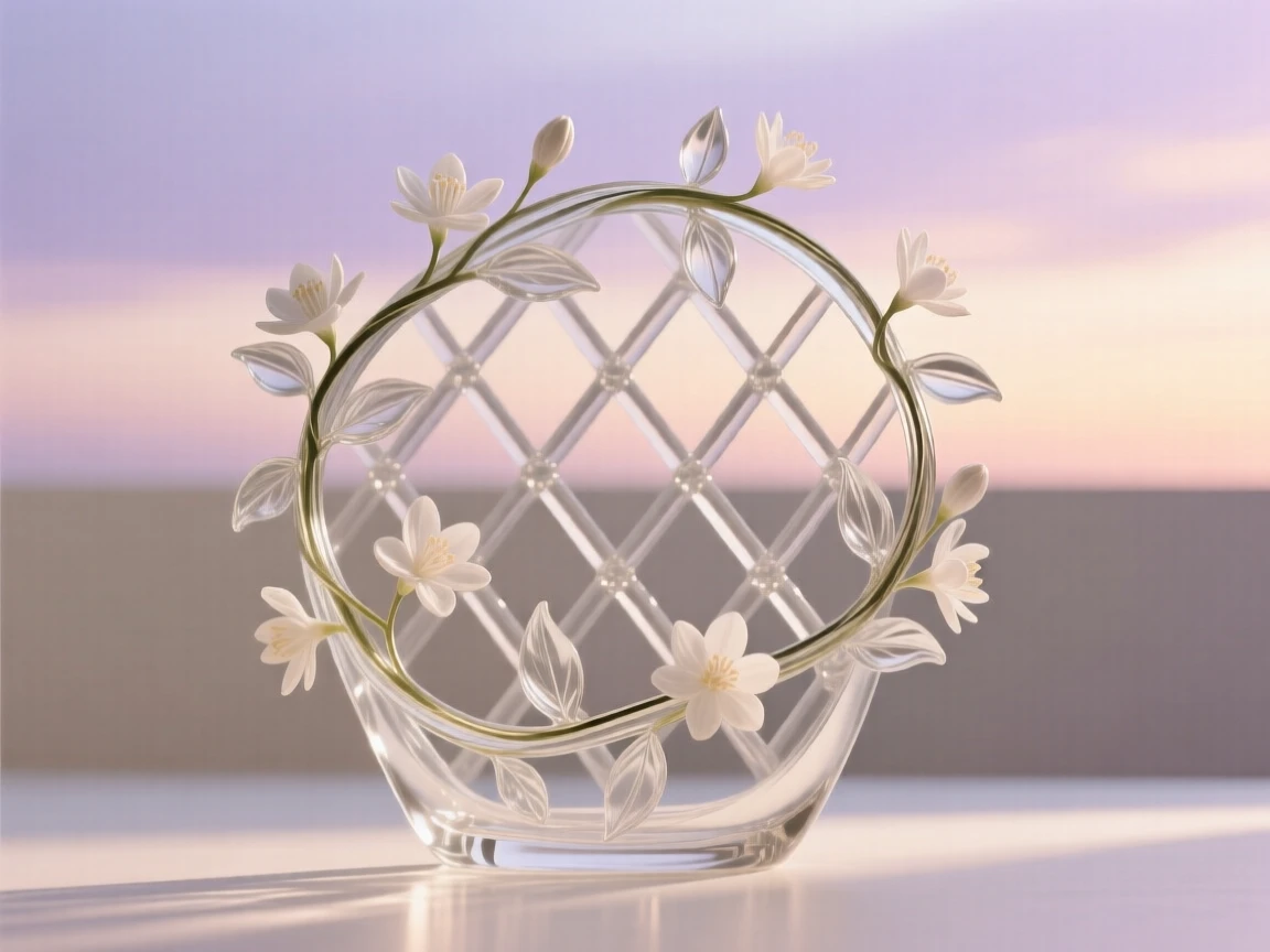 Jasmine vines wrapped around a lattice swaying gently in a light breeze under a pastel sky at dusk, dreamy and peaceful atmosphere.