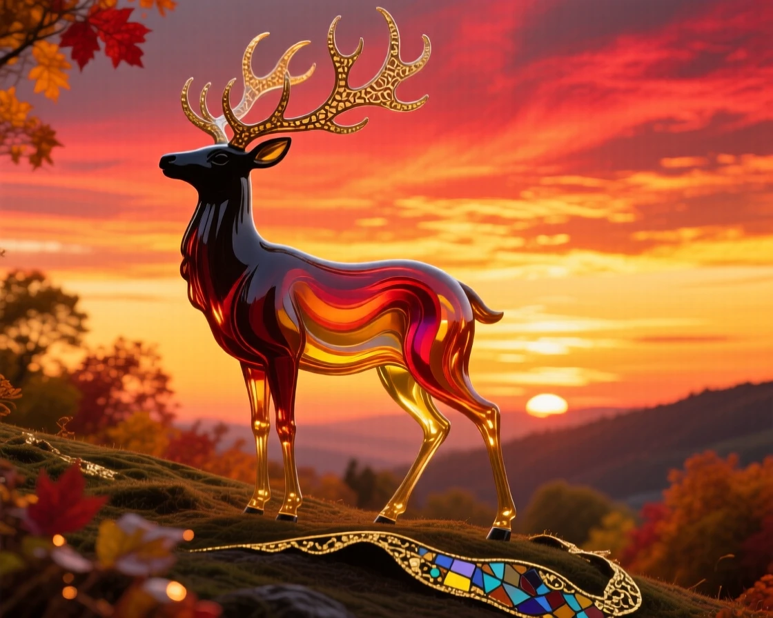 A single stag silhouetted against a blazing autumn sunset on a hilltop, iconic and majestic.