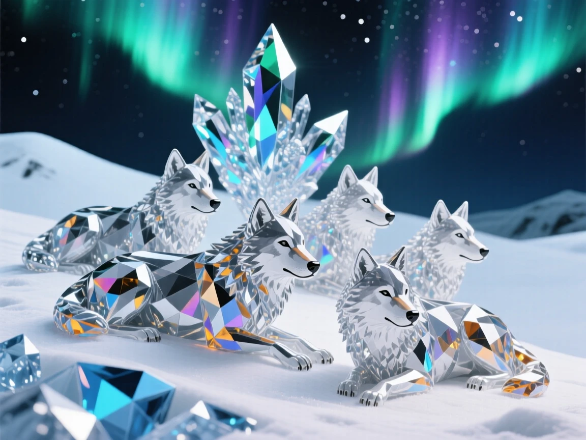 A pack of wolves resting together on a snowy hillside under the northern lights.