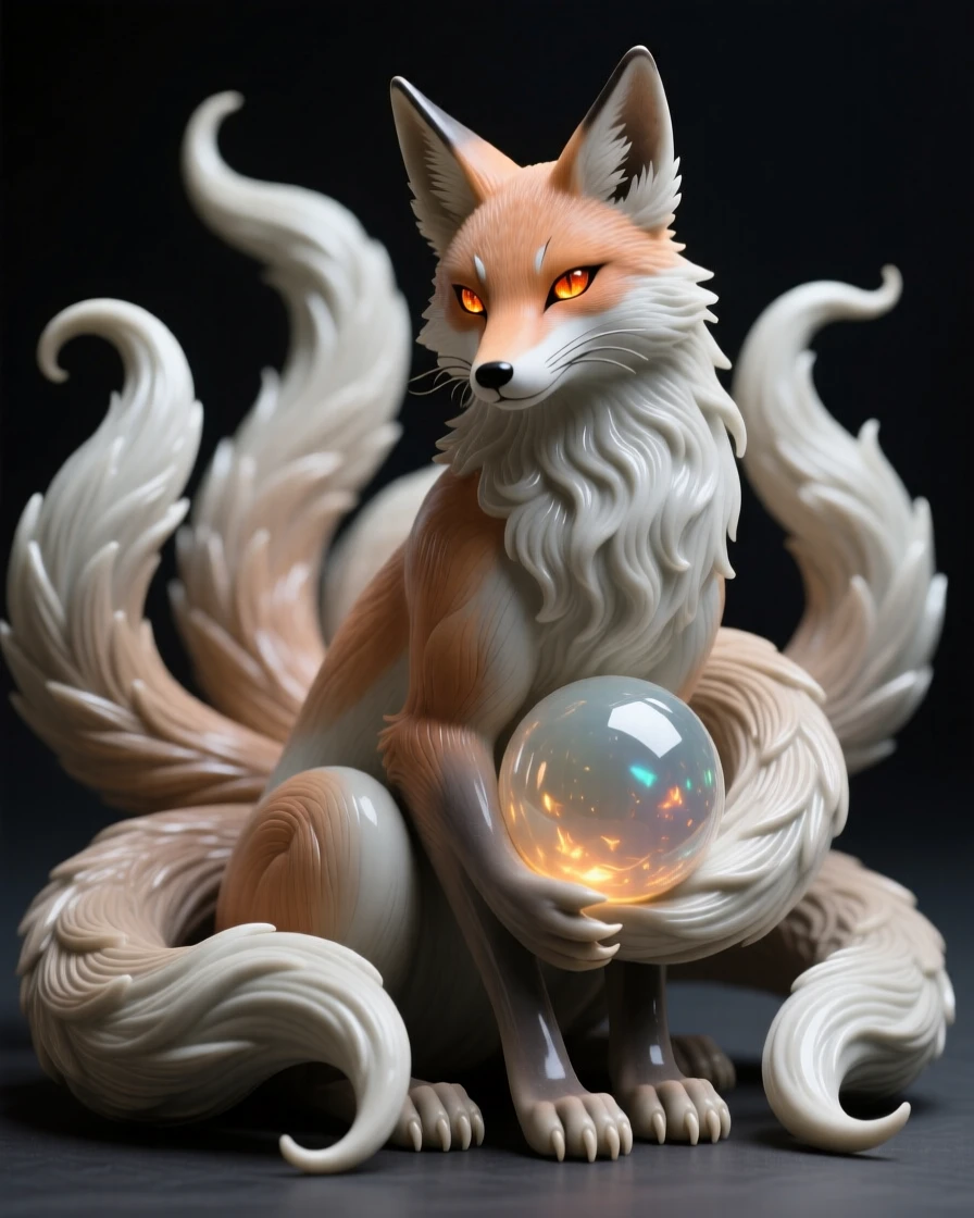A kitsune with nine flowing tails coiled protectively around a glowing orb, its eyes glowing with an inner fire, filling the scene with mysterious, otherworldly beauty.