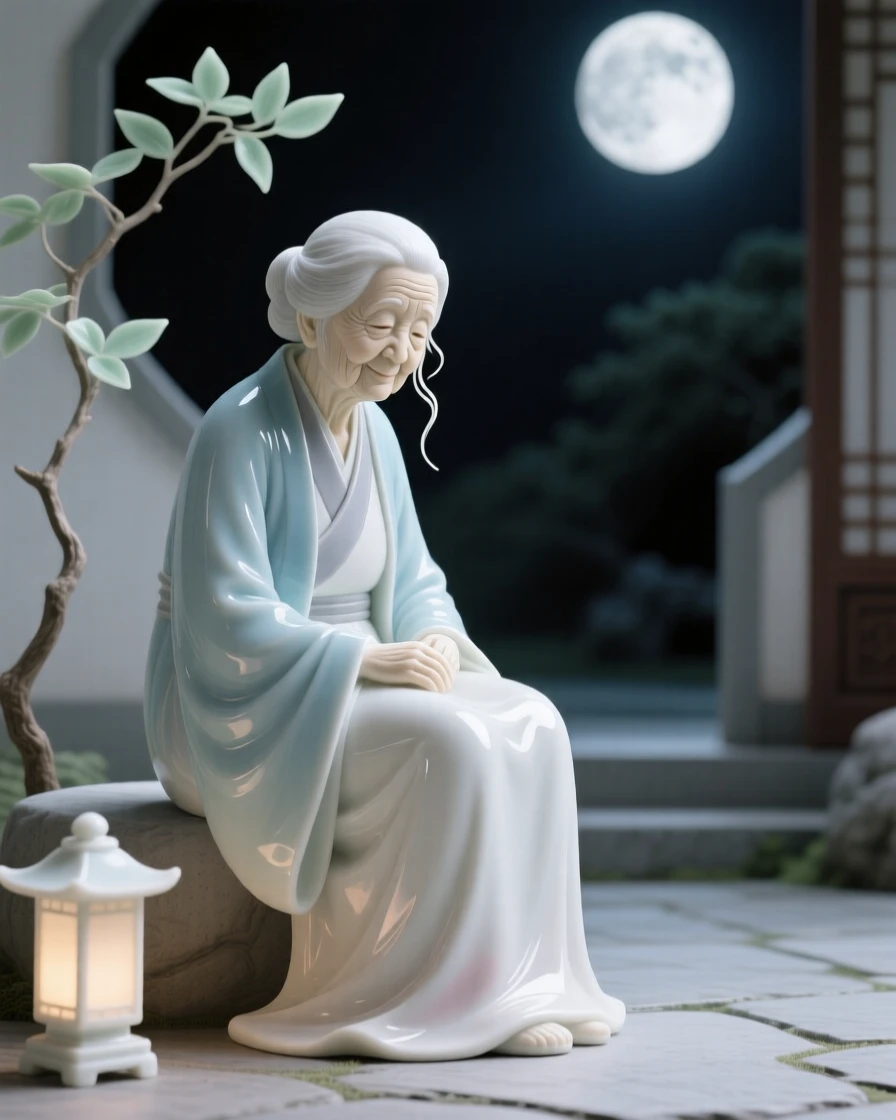 A tranquil grandmother seated in quiet contemplation in a moonlit courtyard, a soft breeze lifting loose strands of hair.