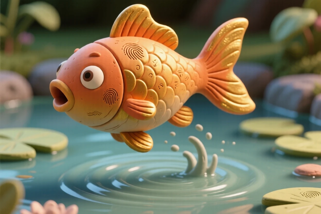 A goldfish leaping gracefully out of a garden pond