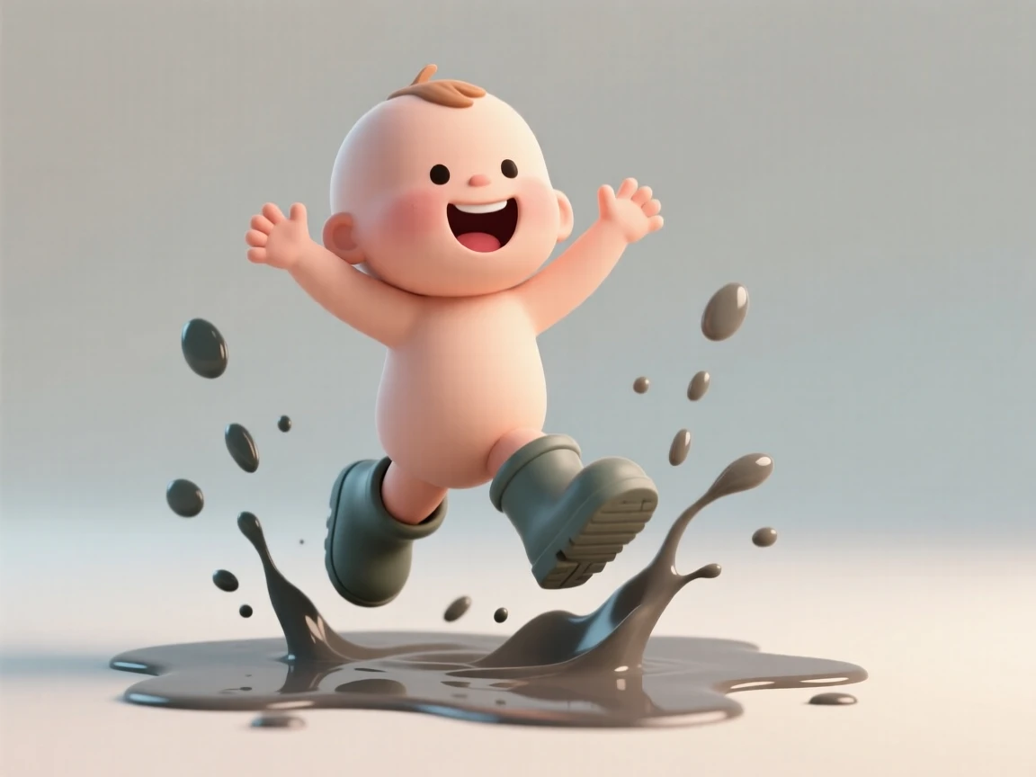 A toddler in rain boots jumps gleefully into a puddle, splashing water droplets high into the air with a wide open-mouthed grin.