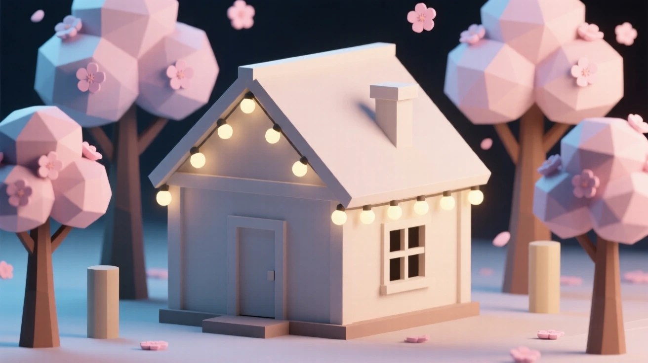 A cozy cabin glowing with warm holiday lights, beneath blooming cherry blossoms. the composition centers on the main celebratory focal point. The moment feels magical and full of wonder.