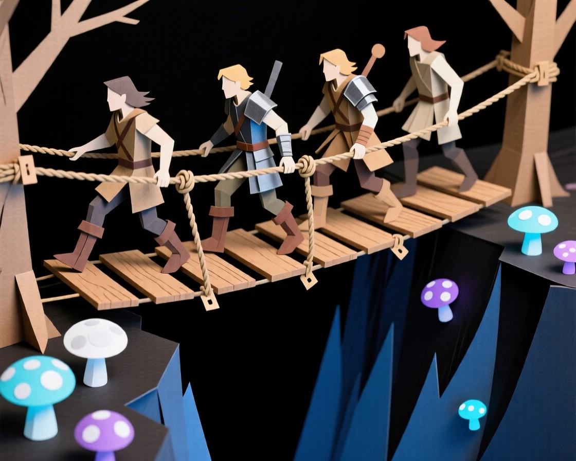 A band of adventurers crossing a rope bridge over a bottomless chasm lit by glowing mushrooms below, capturing tension and epic quest energy.