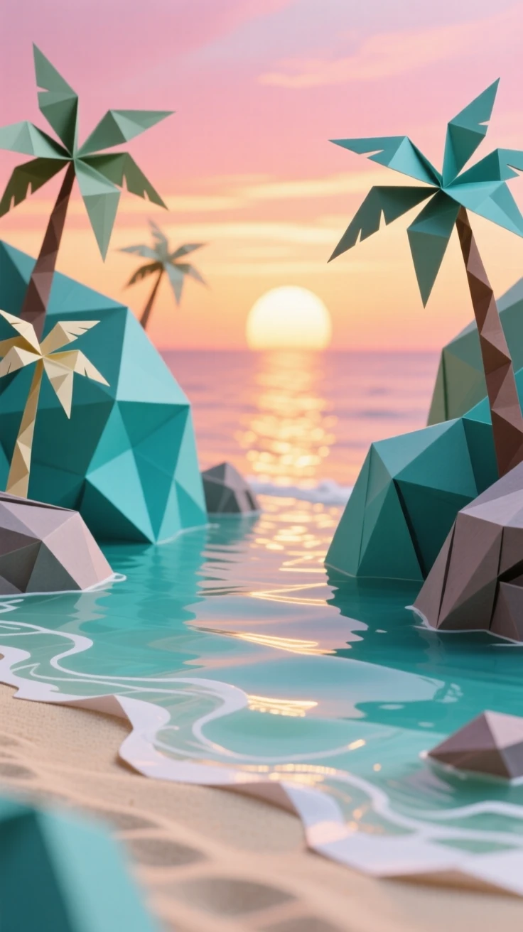 A secluded beach cove with crystal-clear turquoise water lapping against pale sand at sunrise.