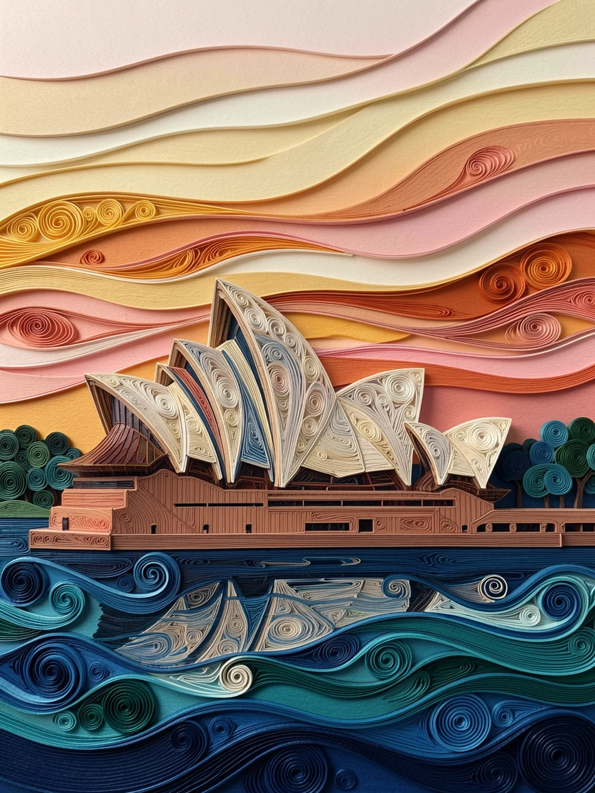 the Sydney Opera House against a vivid harbor sunset, beneath a sky painted in soft sunset gradients, framed with a dramatic wide-angle perspective, in a rich palette of blue, teal, and gold.