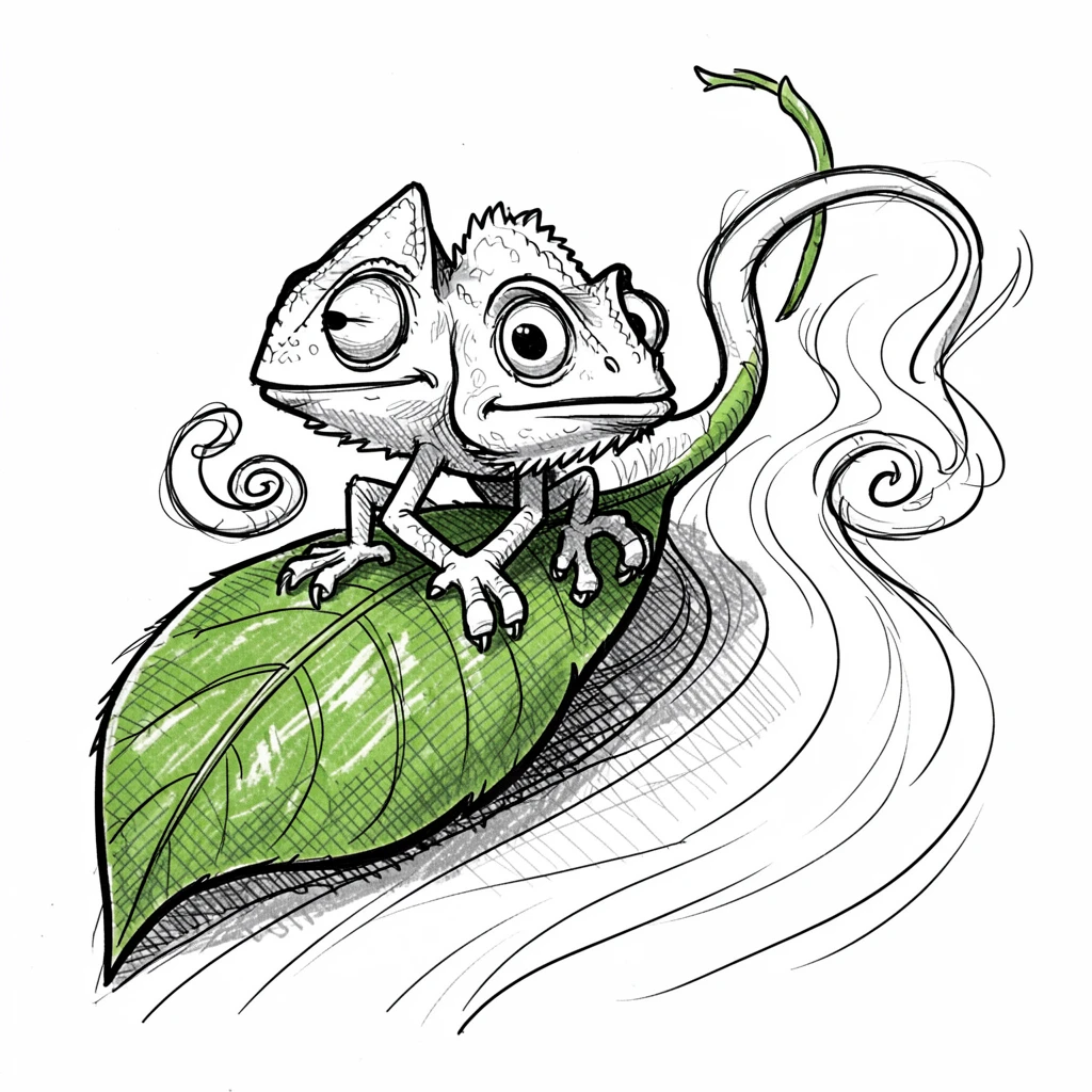 A chameleon on a green leaf along a winding river.