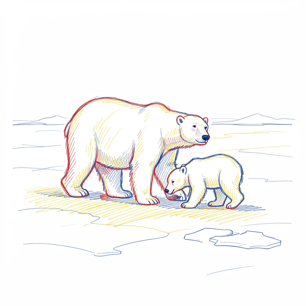 A polar bear and her two cubs walking across a vast field of Arctic ice