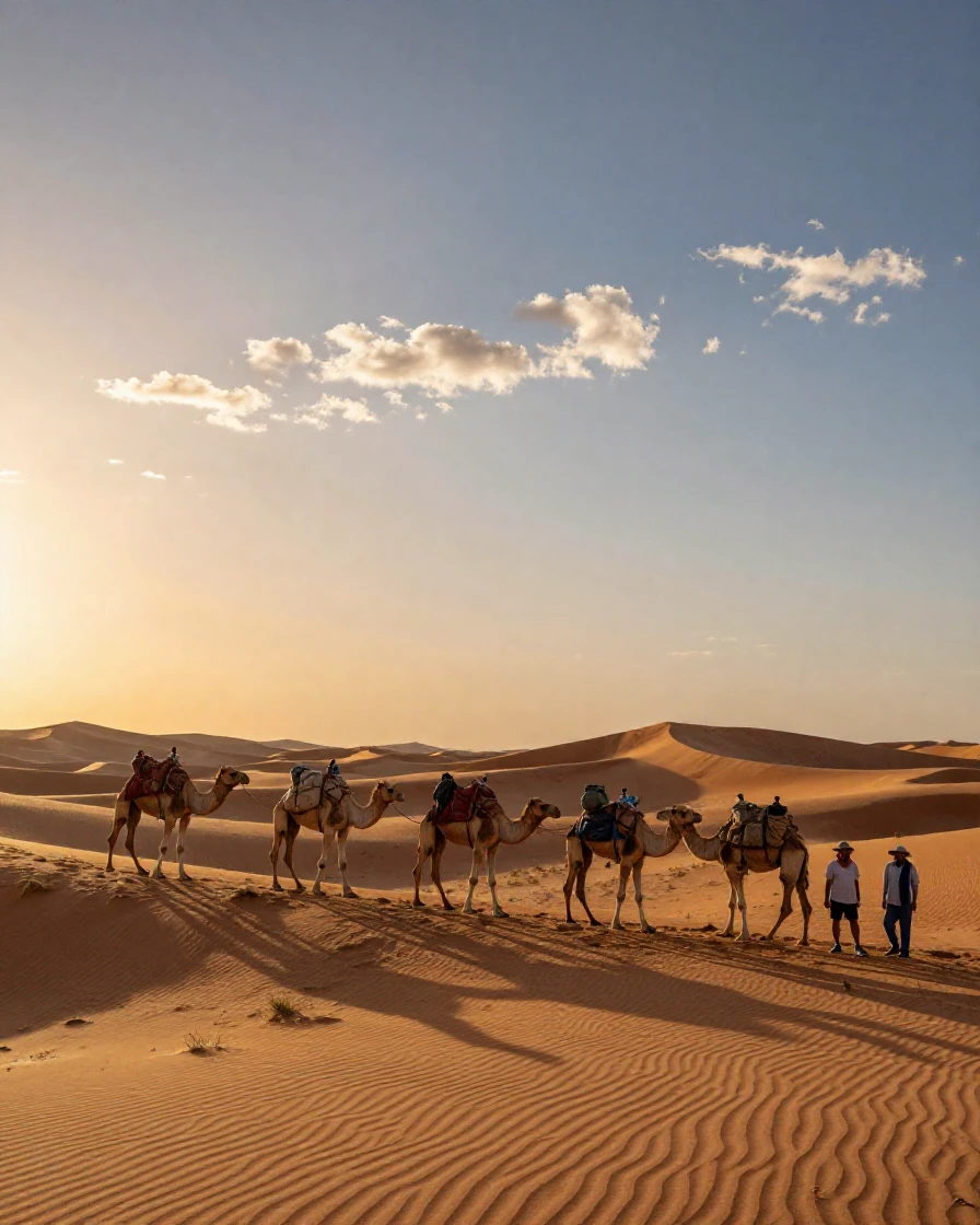 A camel caravan crossing golden Sahara dunes at sunset