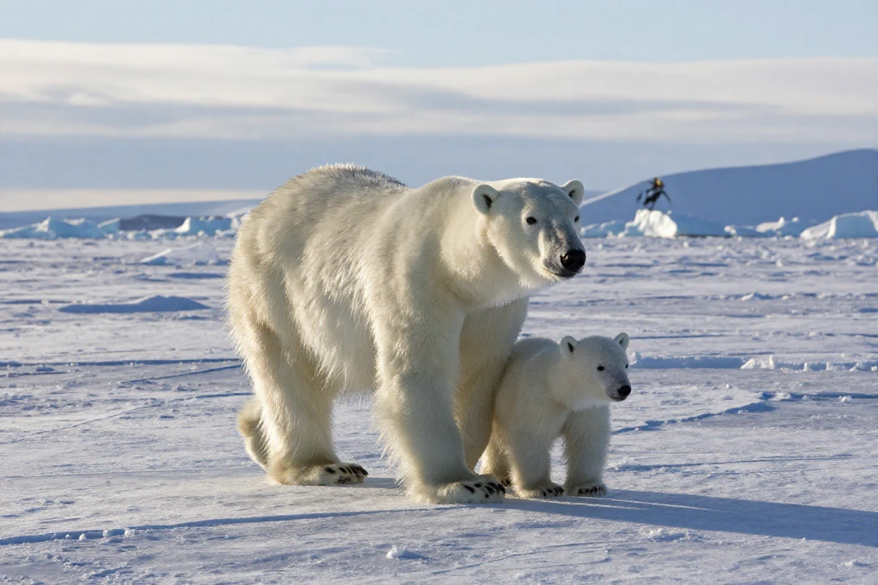 A polar bear cub follows close behind its mother across a stretch of arctic ice.