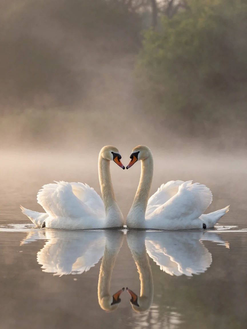 A pair of swans gliding gracefully across a still lake covered in morning mist