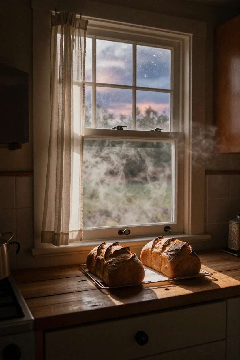 Fresh bread cooling on a windowsill in a sunlit kitchen, under a canopy of stars, in thick rolling fog, in the mild days of early autumn, dominated by warm amber and rust tones, captured from a low angle looking up.