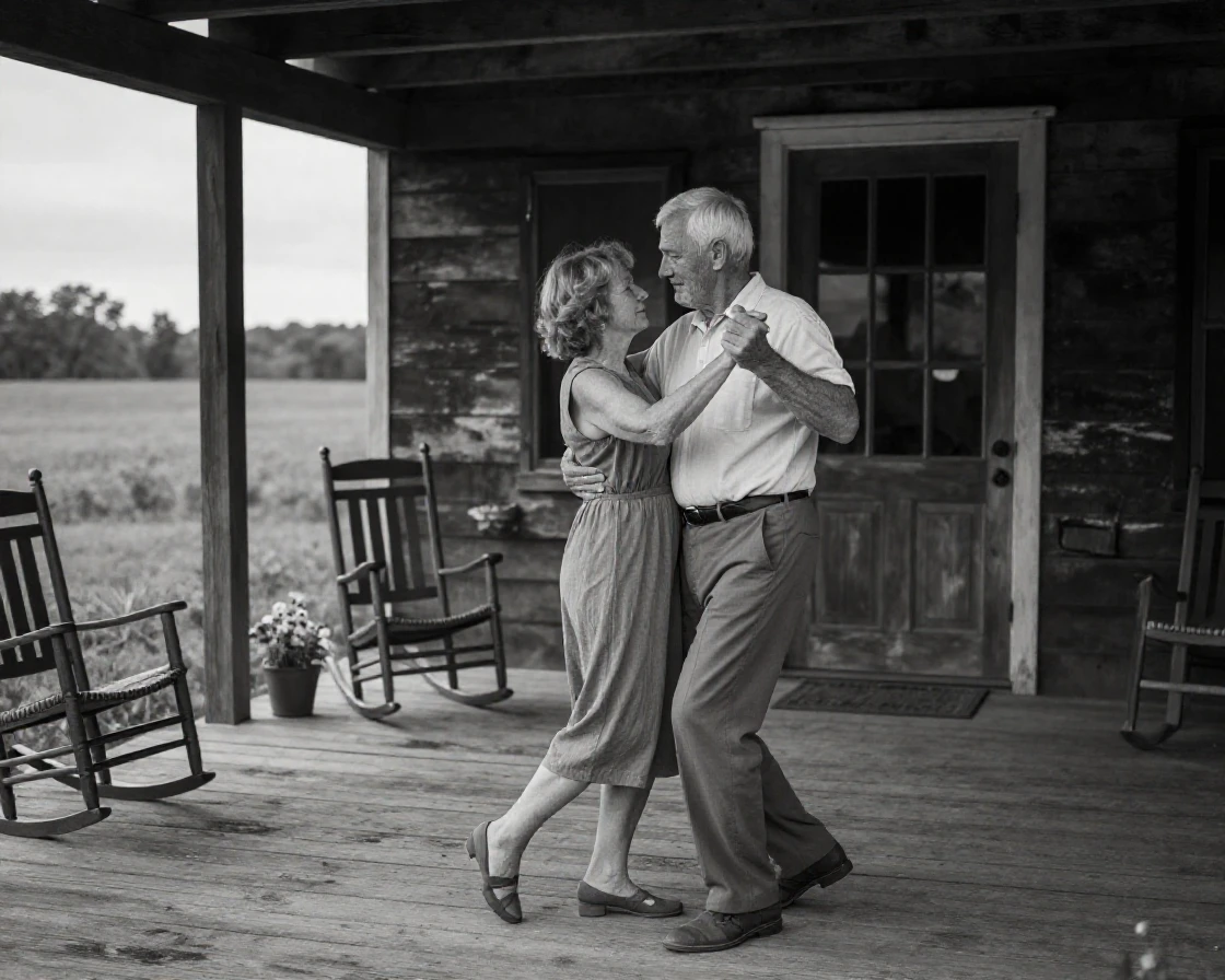 An old couple dances slowly to a favorite old song on a rustic farmhouse porch.