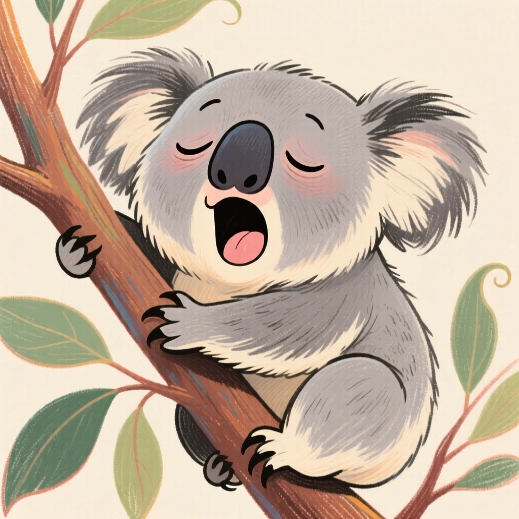 A sleepy koala clinging to a eucalyptus branch, eyes half closed in a yawn.