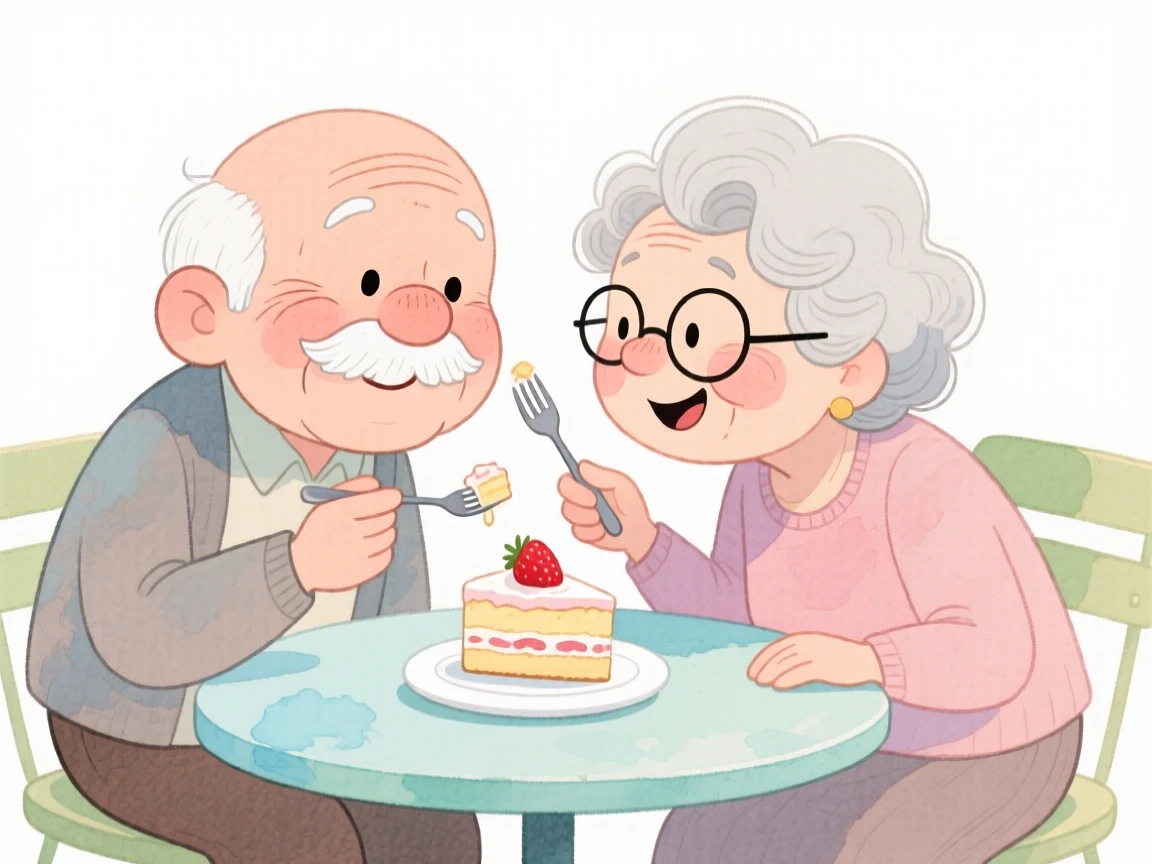 An elderly couple still deeply in love sharing a slice of cake at a small café table