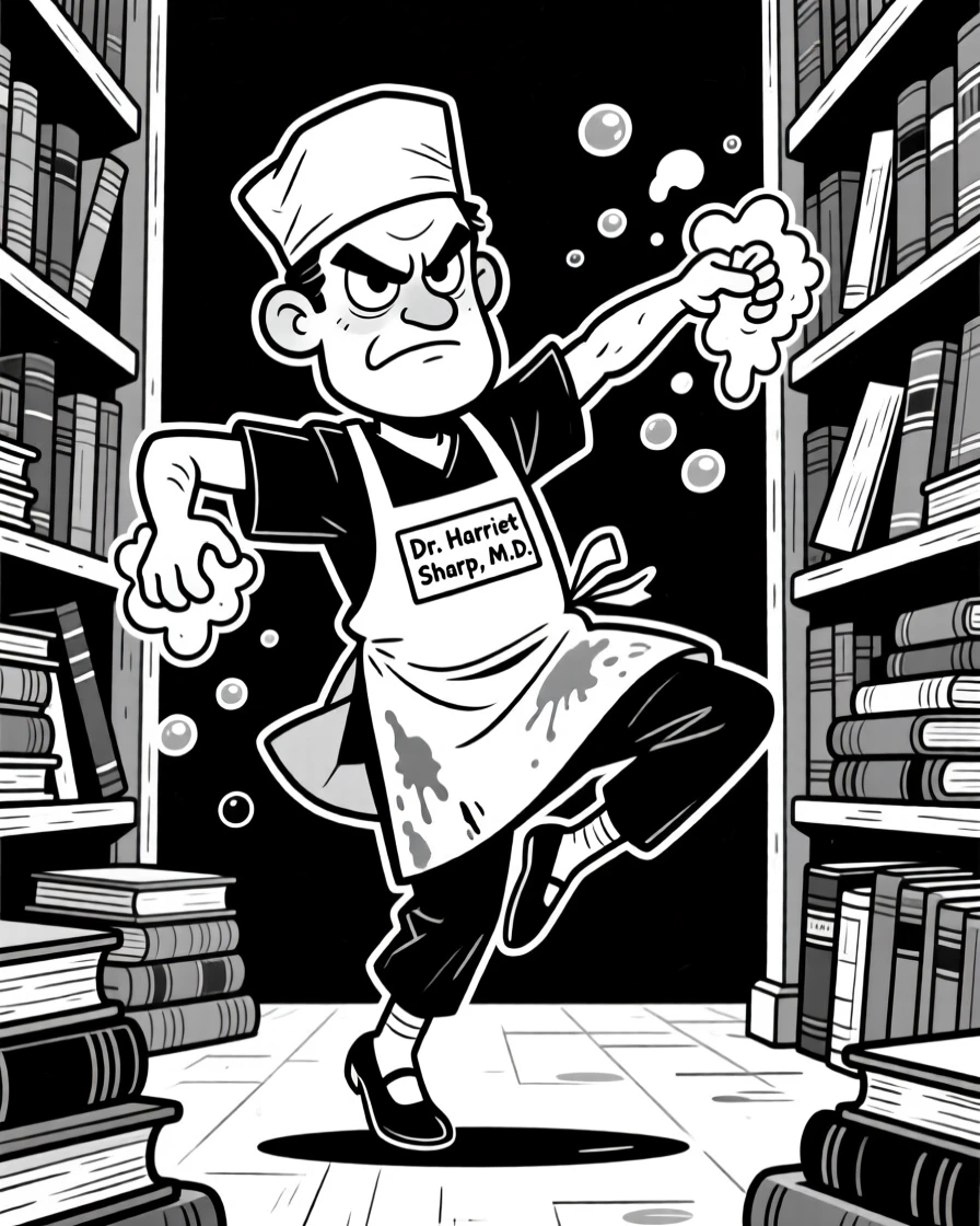 A stern-faced surgeon scrubbing in, demonstrating a perfect pirouette, set among towering shelves of ancient books. A name tag hangs crookedly from a stained apron. The image captures dedication with a wink of playfulness.