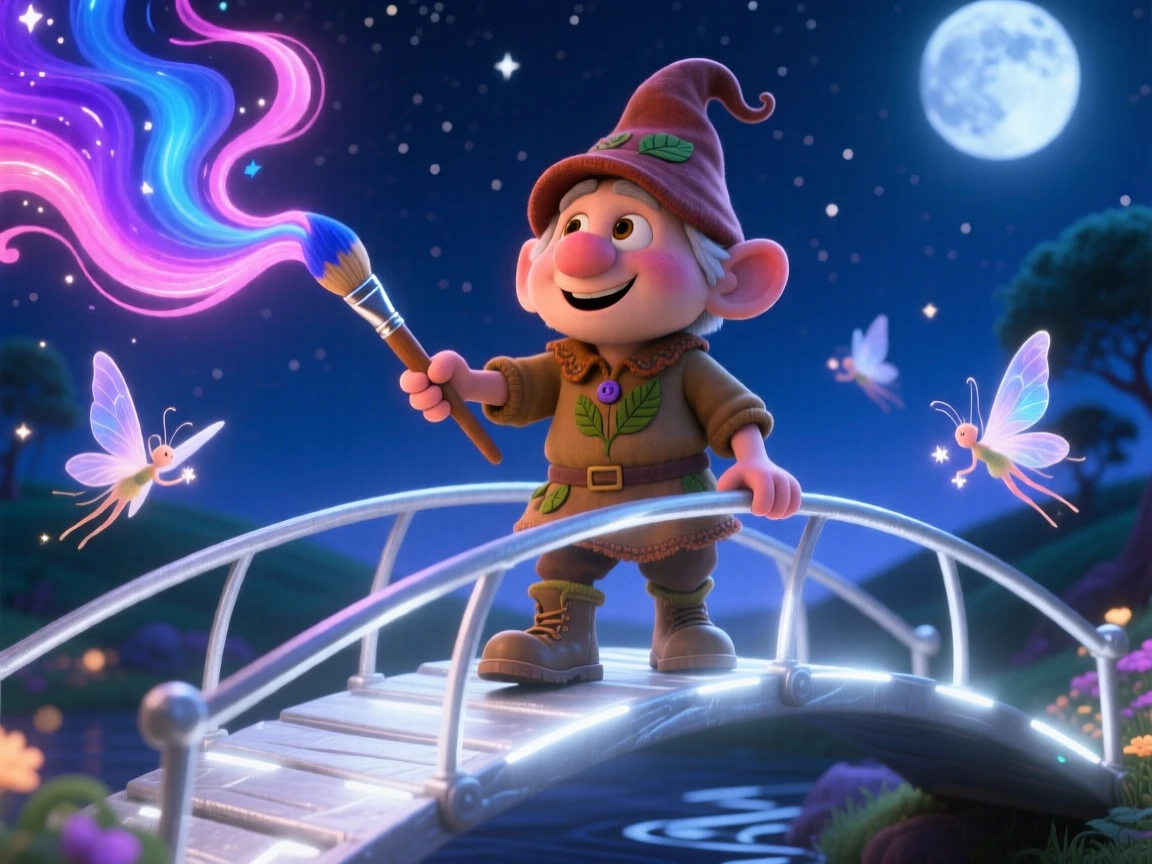 A tiny gnome gardener stands on a bridge made of glowing moonlight, painting the sky with swirling colors. A quiet magic hums softly throughout the scene, with delicate wings catching the moonlight.