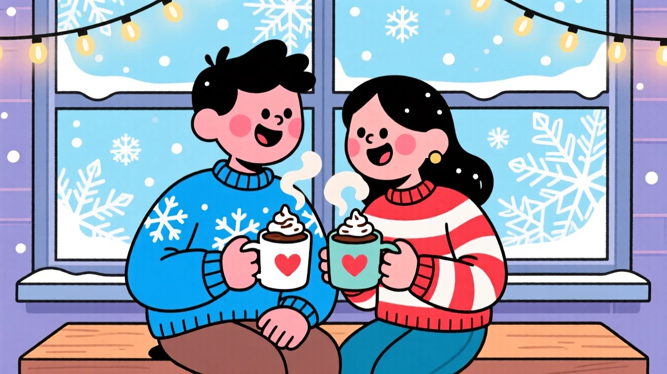 A couple sharing hot cocoa by a frosted window in winter.