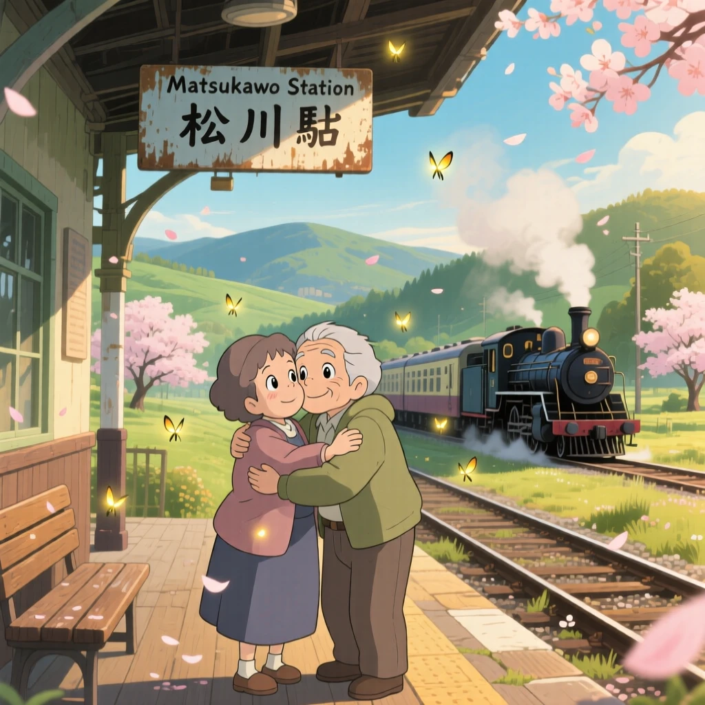 A tender moment of two old friends reuniting with an embrace at a train station, the scene filled with hope.