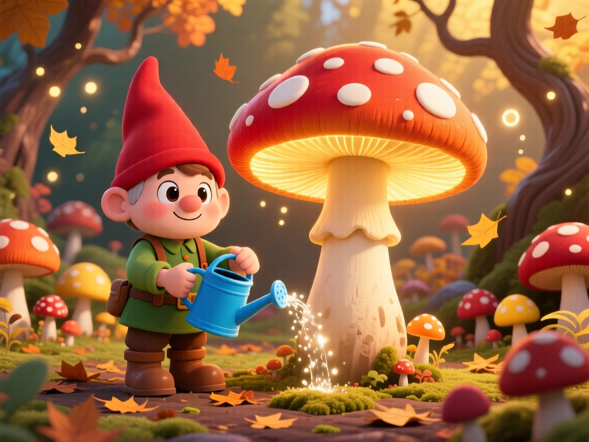 Symmetrical front-on view: a gnome gardener, watering a giant glowing mushroom, set against a whimsical fungal garden during golden autumn harvest season, with soft golden-hour sunlight and a mood of proud determination.
