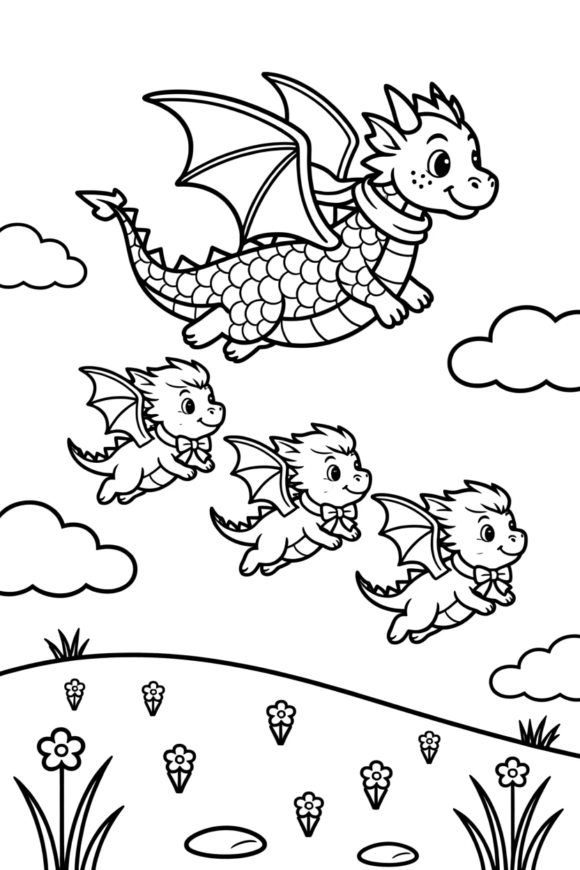 A dragon teaching baby dragons how to fly in formation