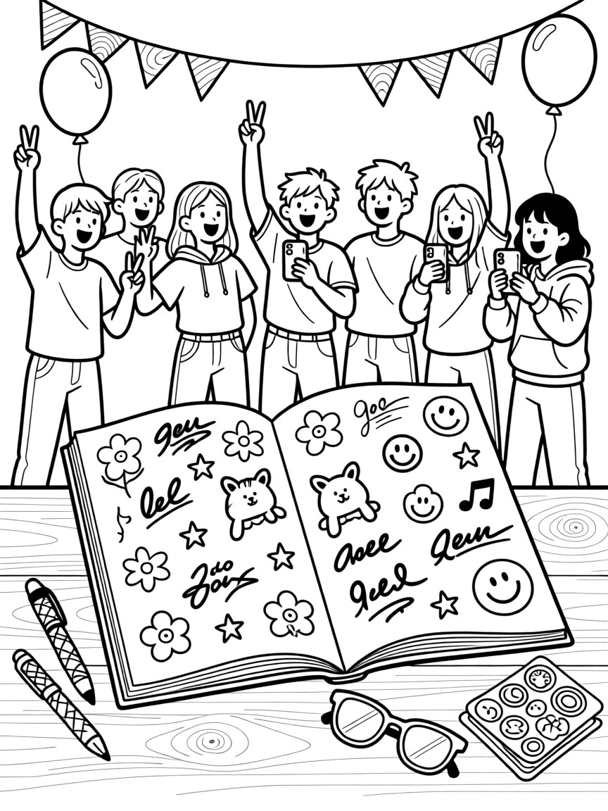 A yearbook page filled with signatures and doodles, with a crowd cheering just out of focus.
