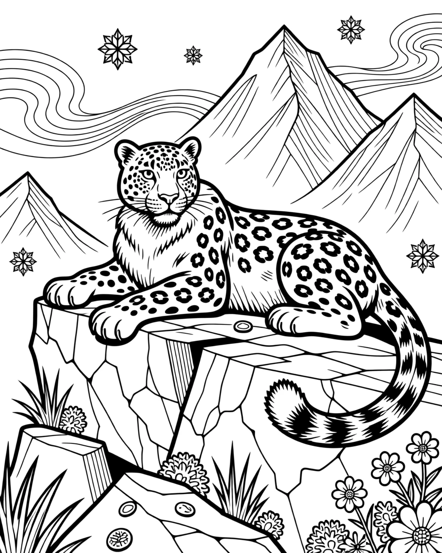A snow leopard resting on a rocky mountain ledge.
