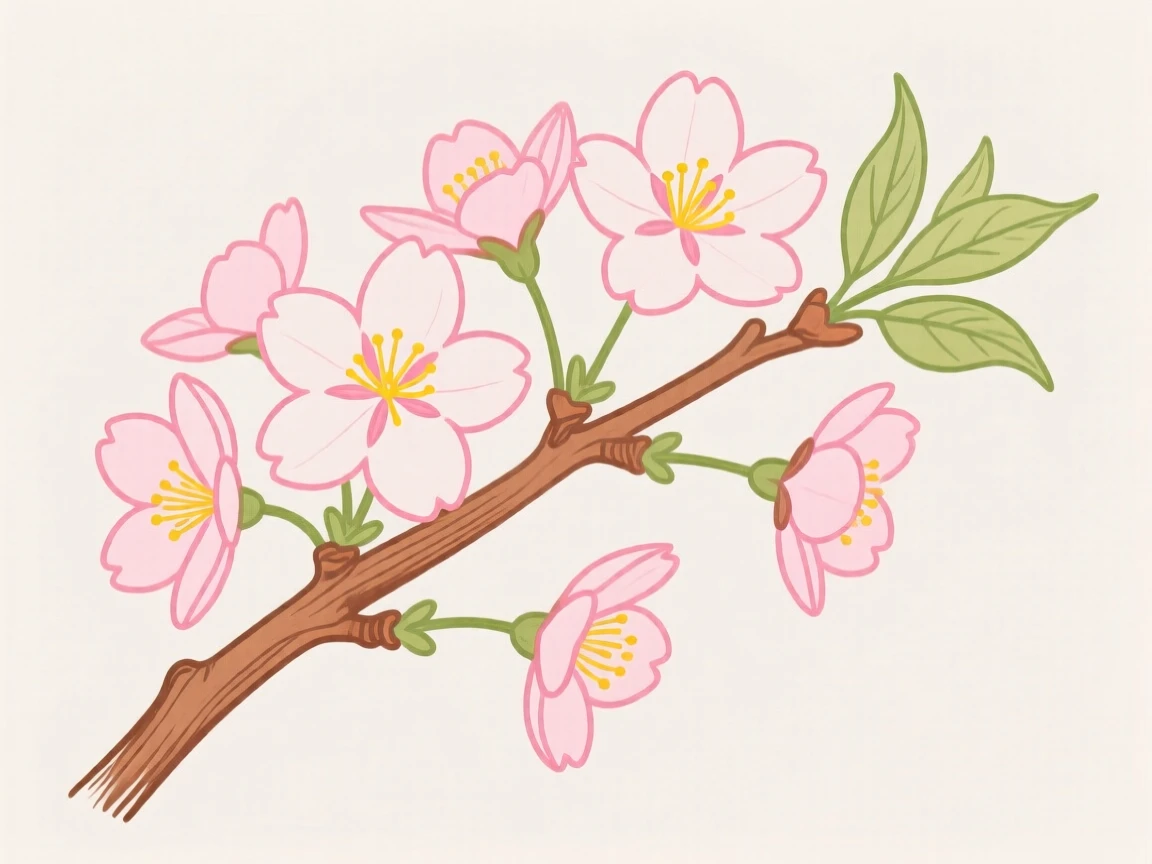 A cluster of cherry blossoms on a curved branch.