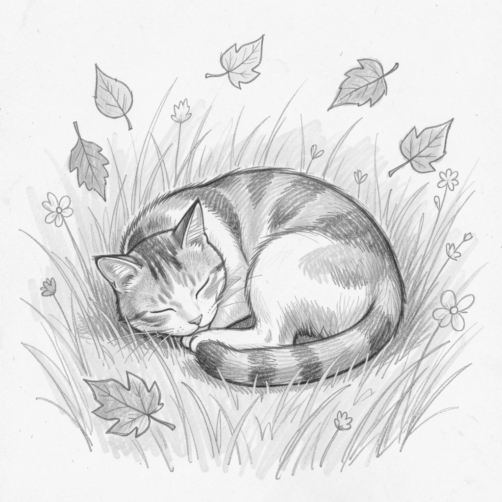 A heartwarming scene of a sleeping calico cat playing in a sunlit meadow, surrounded by falling autumn leaves.