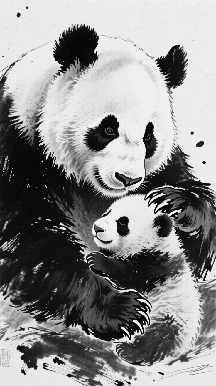 A giant panda grooming its young with gentle care.