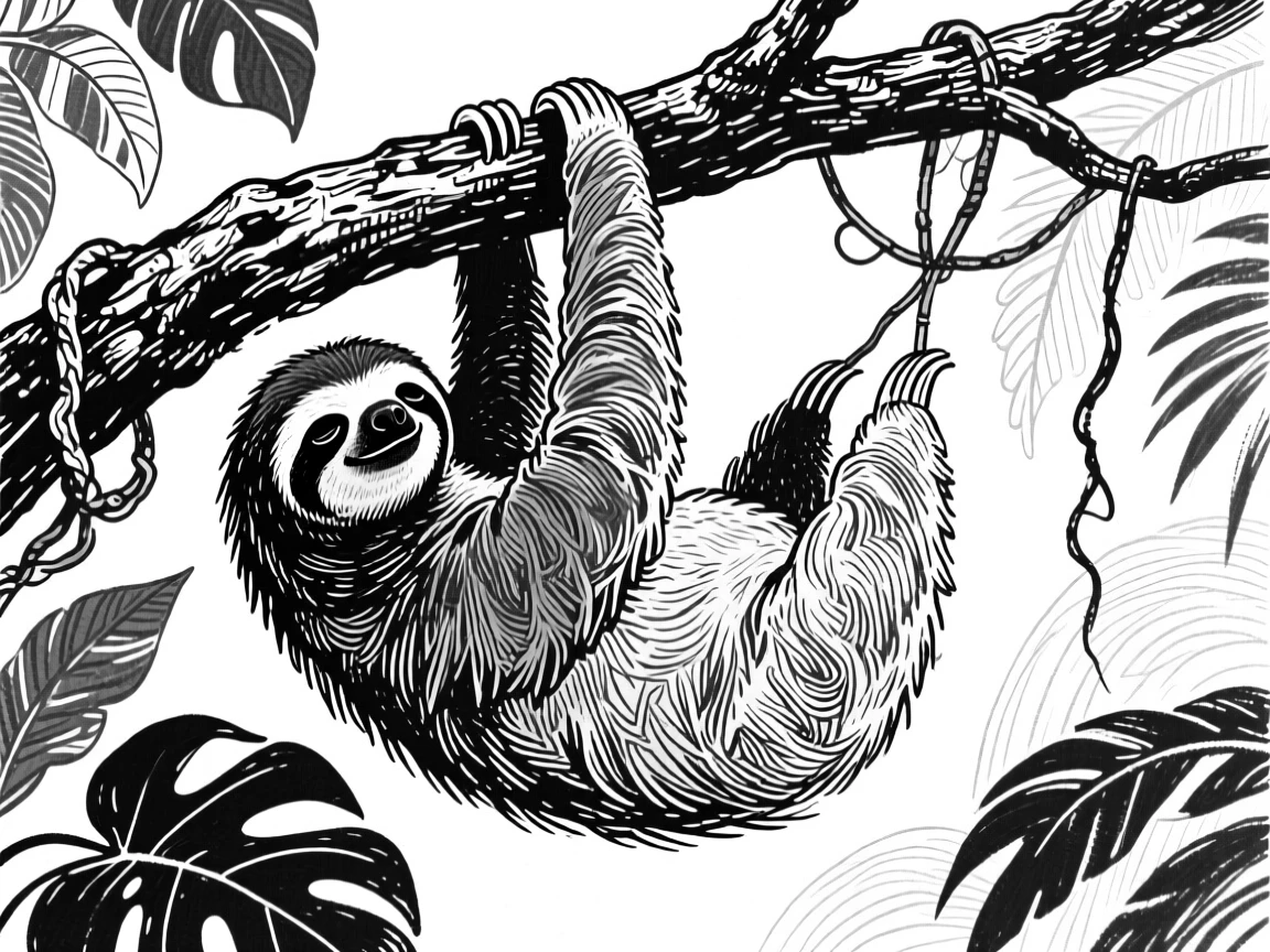 A sloth hanging peacefully from a jungle branch, eyes half closed.