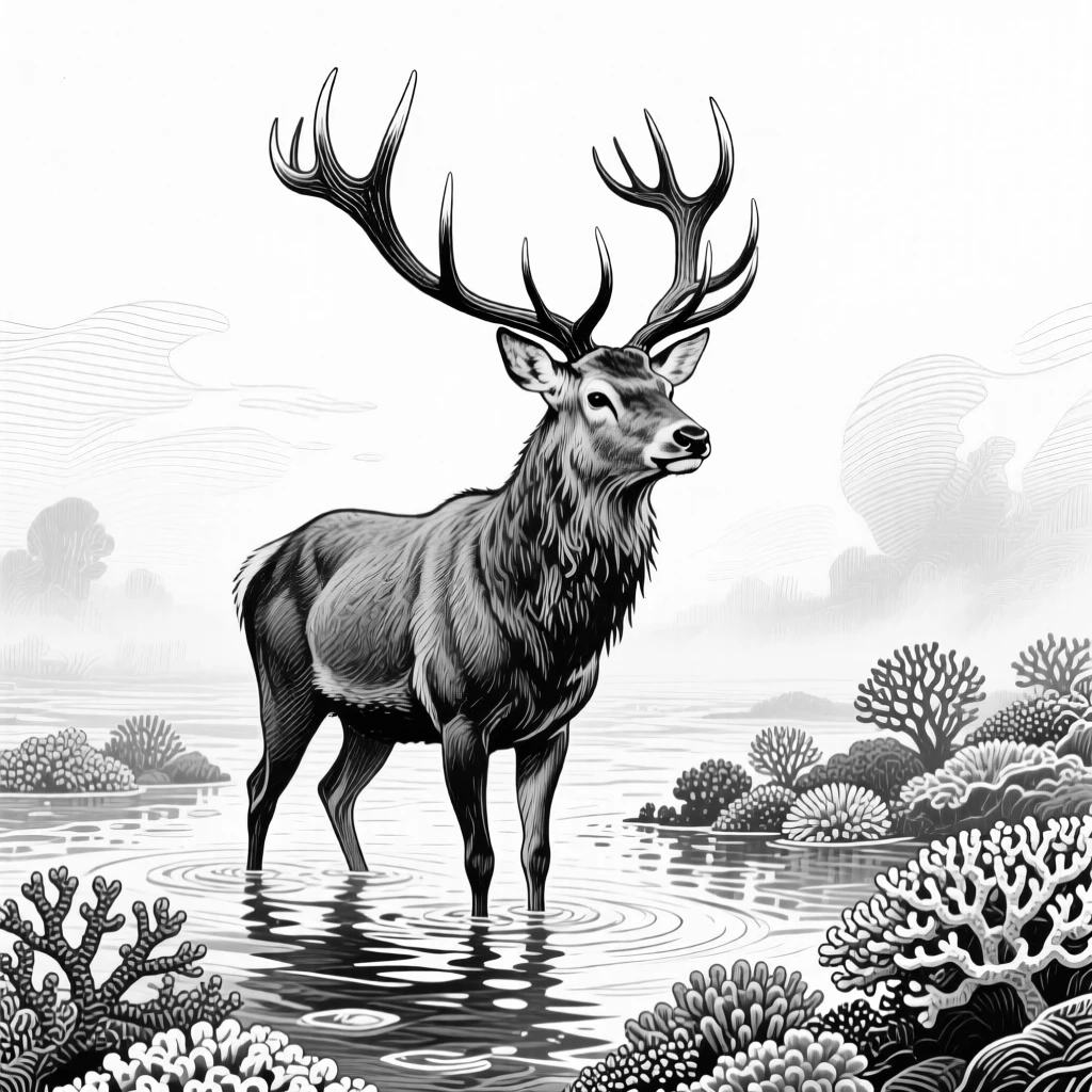 A proud stag with wide antlers in the shallows of a coral reef, against a backdrop of drifting mist, capturing a fierce yet graceful moment in nature with a strong, centered focal point.