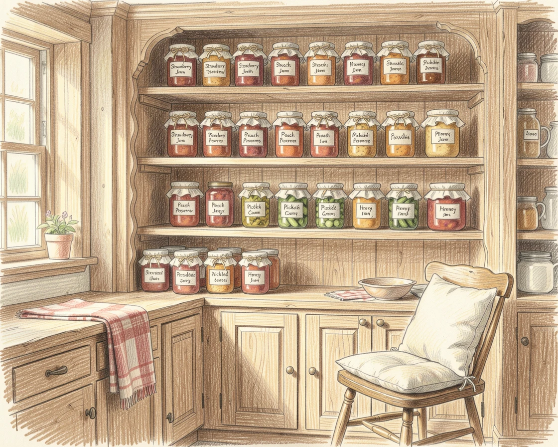 A countryside kitchen with jars of preserves lined along open shelving, with delicate details in the woodwork and fabric textures, evoking the feeling of a peaceful slow morning at home.