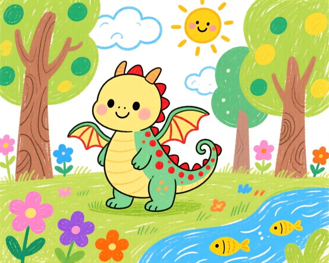 A gentle baby dragon with tiny wings in an enchanted forest clearing.