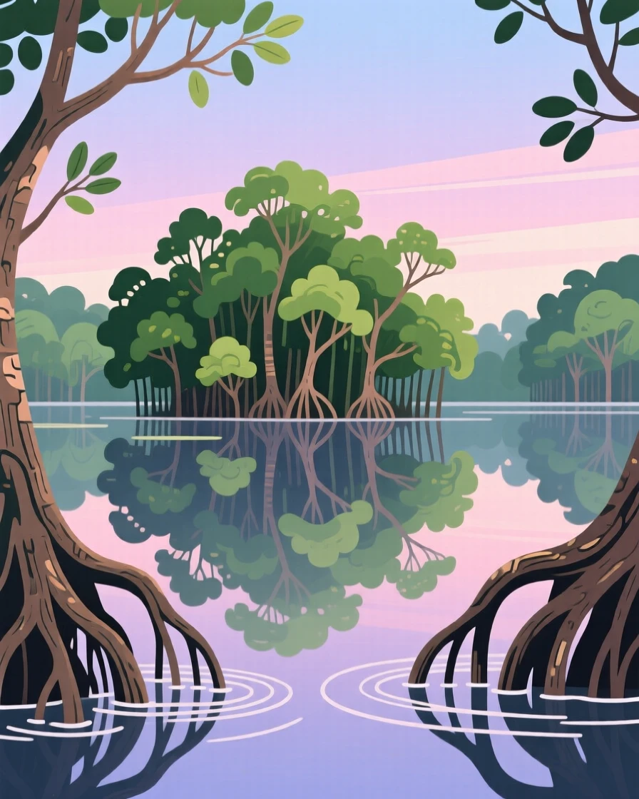 A quiet mangrove forest reflected in still water, under a soft pastel morning sky, arranged with a clear foreground, midground, and background, with a fresh, crisp clarity that highlights every detail.
