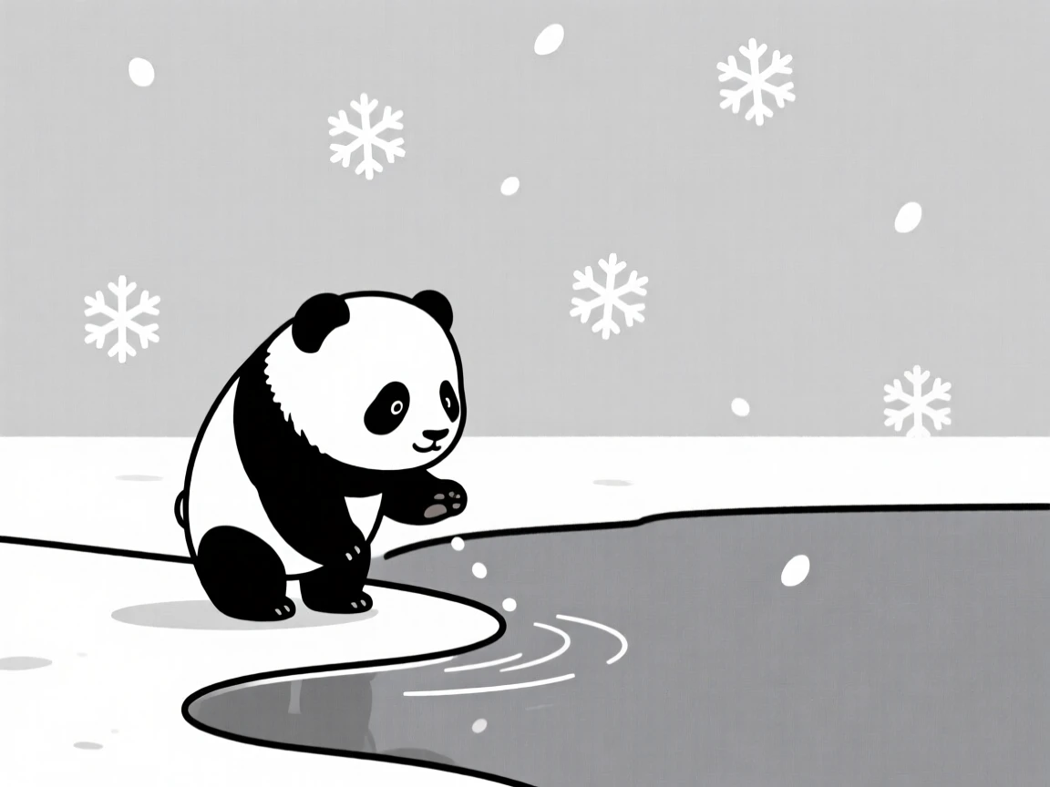 A curious panda cub pausing in a lakeside shore, with falling snowflakes in the background, radiating quiet tenderness.