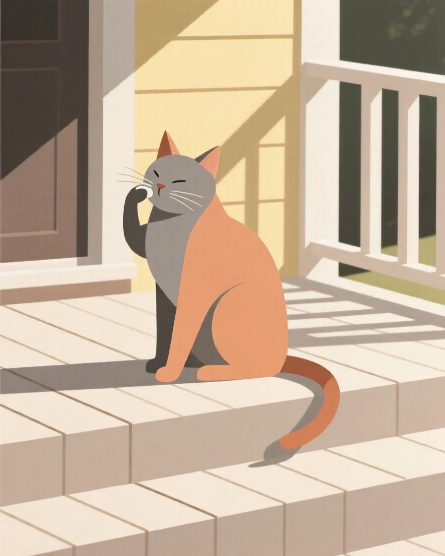 A cat grooming itself on a sunny porch