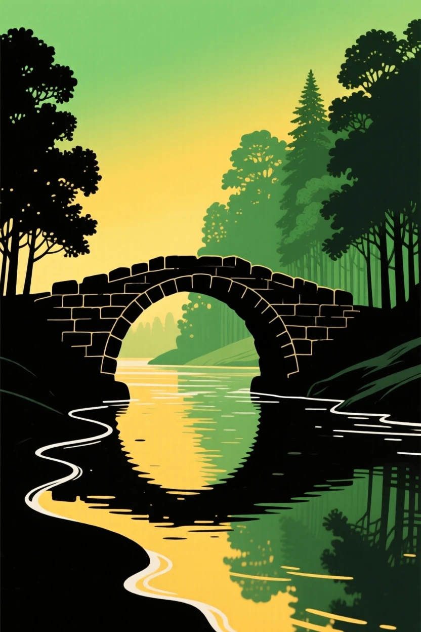 An old stone bridge arching over a slow-moving river in a green forest.