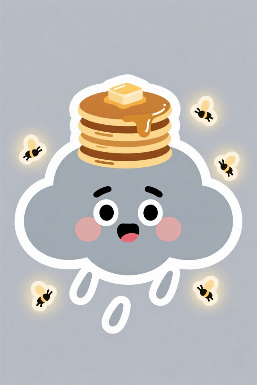 A surprised round rain cloud with a smiling face balancing a stack of pancakes on its head, surrounded by softly glowing fireflies.