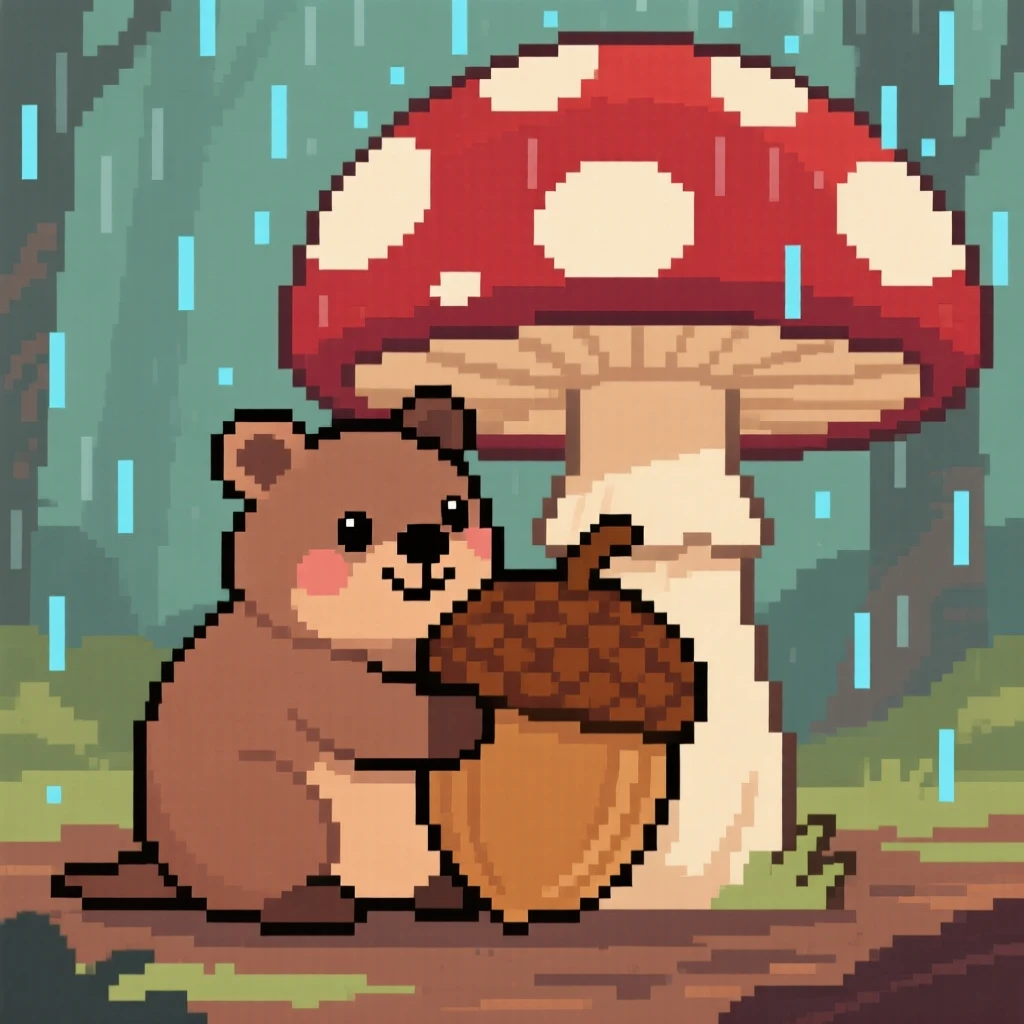 A plump quokka hugging a giant acorn, under a giant mushroom during a soft rain.