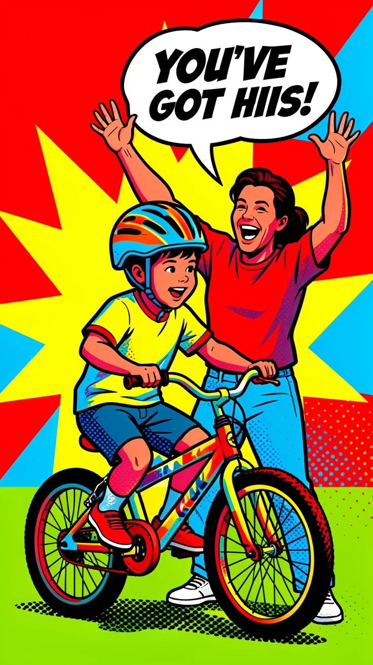 A child learning to ride a bike with a parent cheering