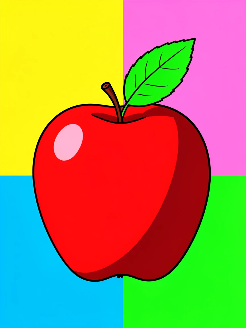 Bright red apple with a single leaf
